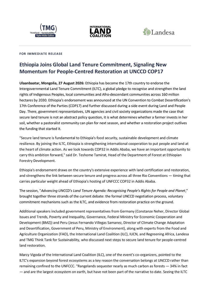 Ethiopia Joins Global Land Tenure Commitment, Signaling New Momentum for People-Centred Restoration at UNCCD COP17